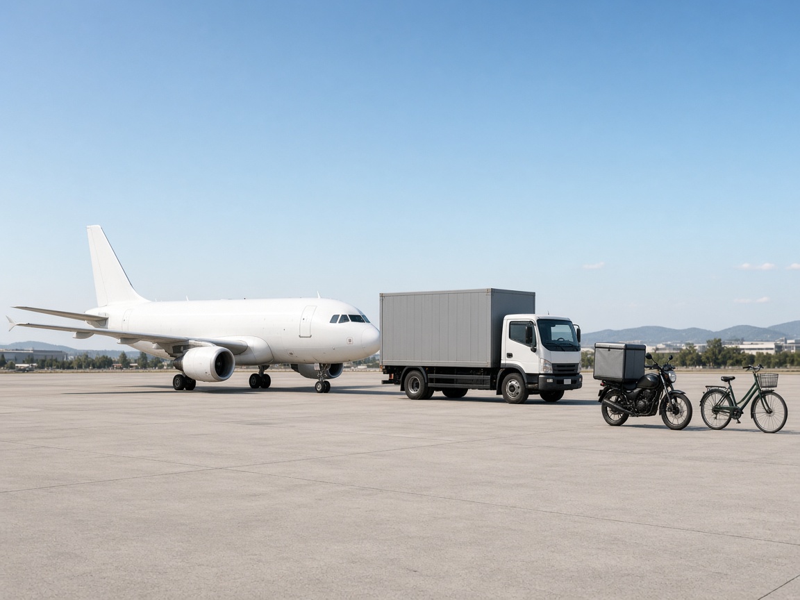 Cargo airplane, truck, motorcycle, and bicycle at a transportation terminal